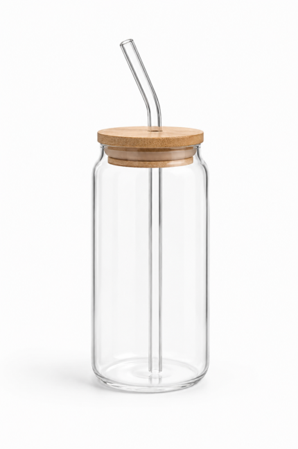 Glass Tumbler with Wooden Lid & Glass Straw